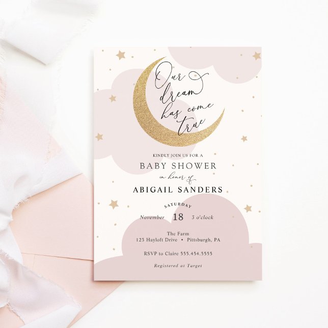 Invitation Notre rêve devient vrai Lune Baby shower rose (Créateur téléchargé)