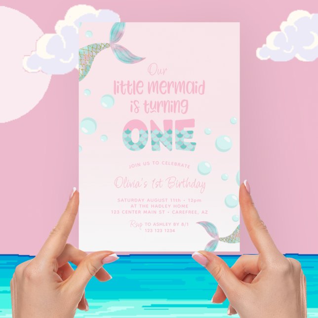 Invitation Notre sirène a 1 an, son 1er anniversaire rose (Créateur téléchargé)