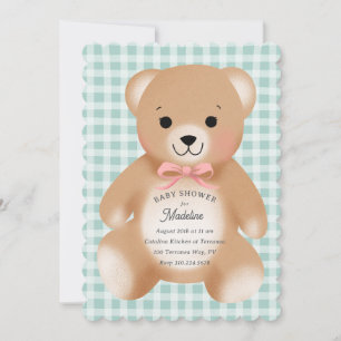 Invitation Nounours à l'arc en peluche Gingham Vert Sauge Ros