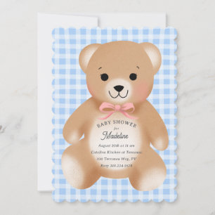 Invitation Nounours à noeud papillon en tissu à carreaux rose