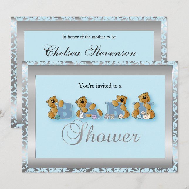 Invitation Nounours Argent et Bleu Damas | Baby shower (Devant / Derrière)