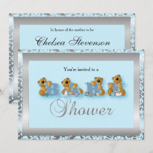 Invitation Nounours Argent et Bleu Damas   Baby shower