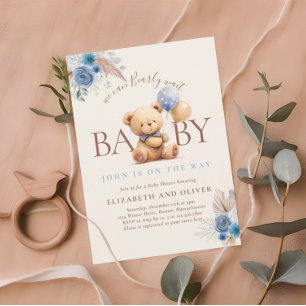 Invitation Nounours avec ballon Boho Rose Bleue Baby Shower