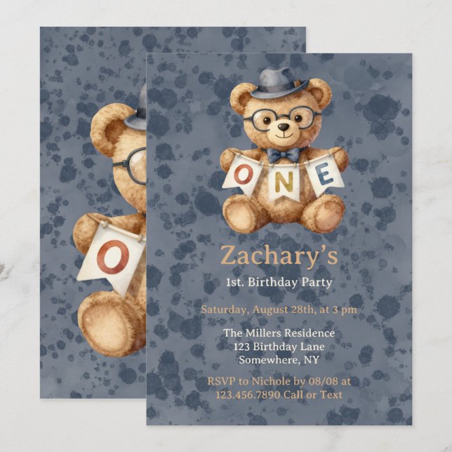 Invitation Nounours avec Banderole UNIQUE Fête de 1er Anniver (Devant / Derrière)