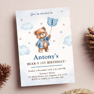 Invitation Nounours bleu ours en peluche ballons premier anni