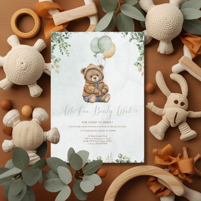 Invitation Nounours Brun Ballons Vert Sauge Bébé (Créateur téléchargé)