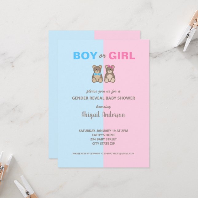 Invitation Nounours de Baby shower de révélation de genre (Devant/Arrière en situation)