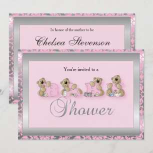 Invitation Nounours de Damas argentés et roses  Baby shower