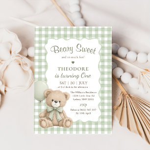 Invitation Nounours d'ours vert doux ballon premier anniversa
