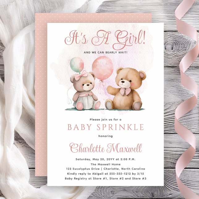 Invitation Nounours en peluche C'est une fille à peine attend (Teddy Bears It's A Girl Bearly Wait Baby Sprinkle Shower Invitation -- Print | Digital Download)