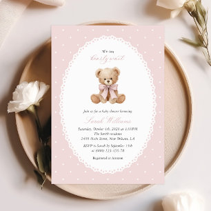 Invitation Nounours en peluche, Nœud rose, Points roses, Baby