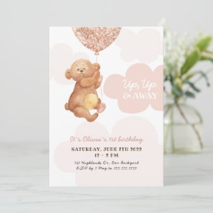 Invitation Nounours en peluche rose s'envole dans les nuages 
