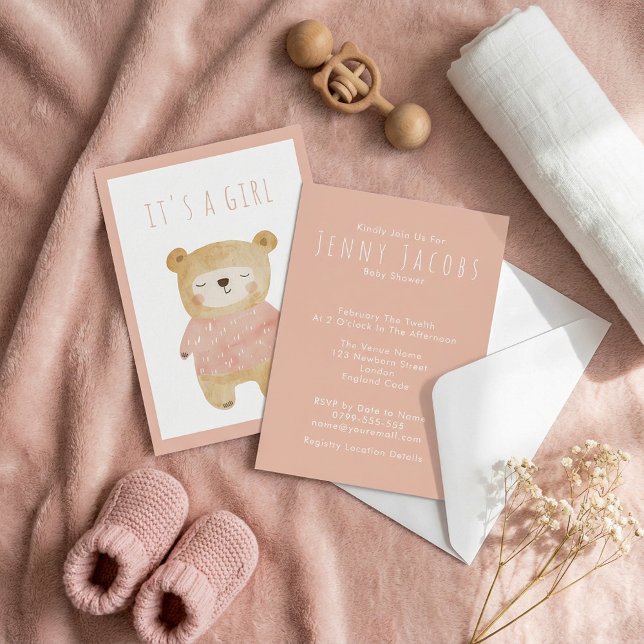 Invitation Nounours endormi aquarelle rose "C'est une fille"  (Pink Watercolor sleepy teddy Bear It's a Girl” Baby Invitation.)
