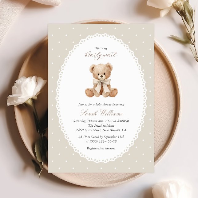 Invitation Nounours, Nœud, Points beige, Baby Shower (Créateur téléchargé)