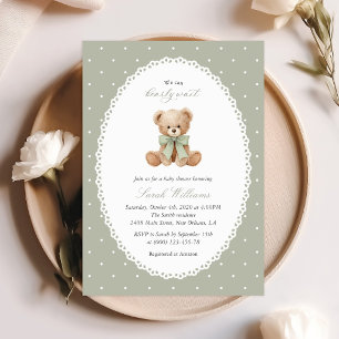 Invitation Nounours, Nœud, Points verts, Baby Shower