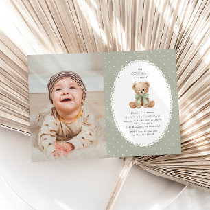 Invitation Nounours, Nœud, Points verts, Premier Anniversaire