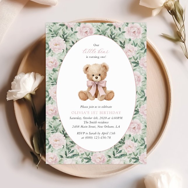 Invitation Nounours, Nœud Rose, Fleurs Roses, Premier Anniver (Créateur téléchargé)