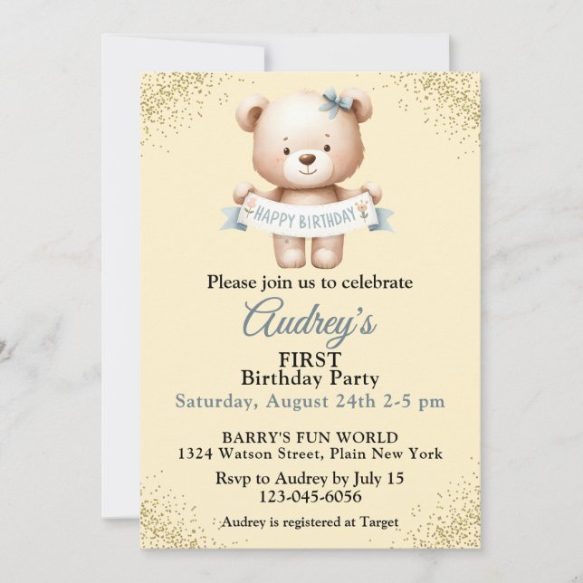 Invitation Nounours ours en peluche avec bannière Joyeux Anni (Devant)