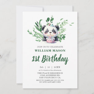 Invitation Nounours Panda Aquarelle Verdure 1er Anniversaire