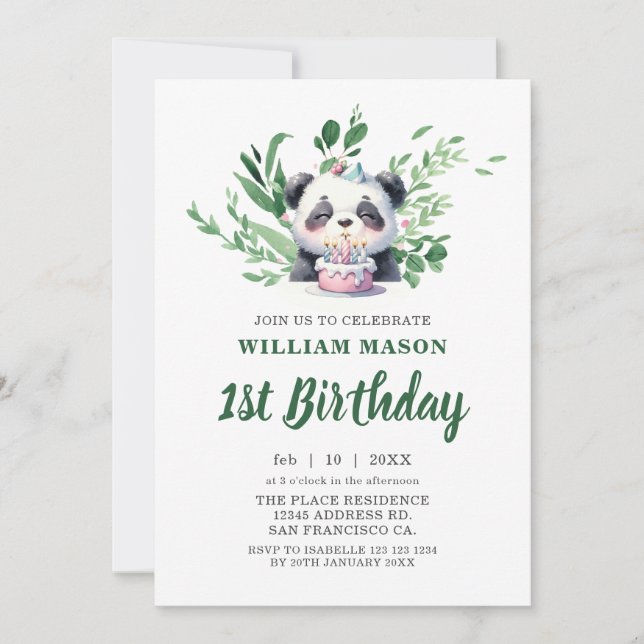 Invitation Nounours Panda Aquarelle Verdure 1er Anniversaire (Devant)