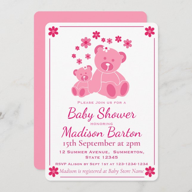 Invitation Nounours rose mignon Baby shower fille (Devant / Derrière)