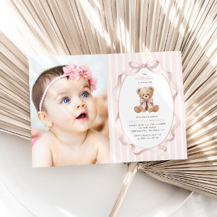 Invitation Nounours rose, ruban rose, rayures roses, premier