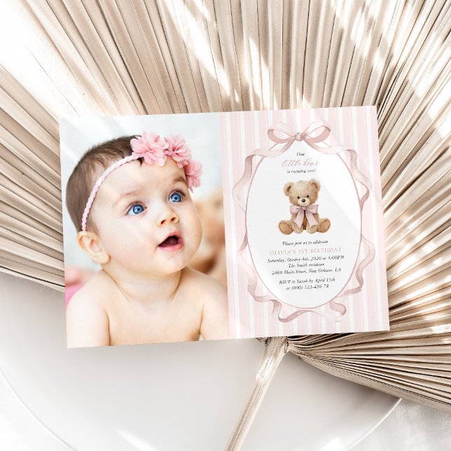 Invitation Nounours rose, ruban rose, rayures roses, premier  (Créateur téléchargé)