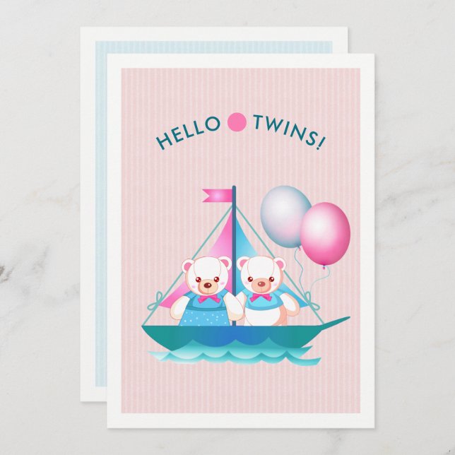 Invitation nounours Twin Girl & Boy Baby shower (Devant / Derrière)