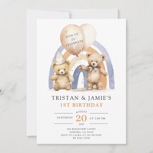 Invitation Nounours Twins 1er Anniversaire Aquarelle (Devant)