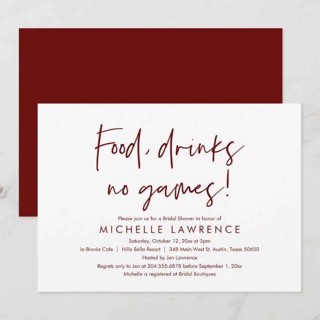Invitation Nourriture, boissons, pas de jeux, Fun Fête des ma (Devant / Derrière)