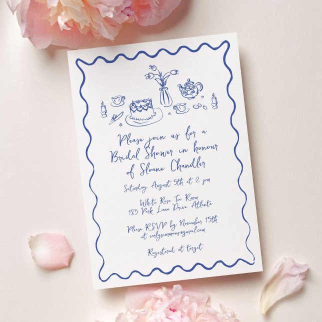Invitation Nourriture et boissons dessinés à la main pour bru (Hand drawn food and drink doodle illustrations bridal brunch invitation in blue and white.)