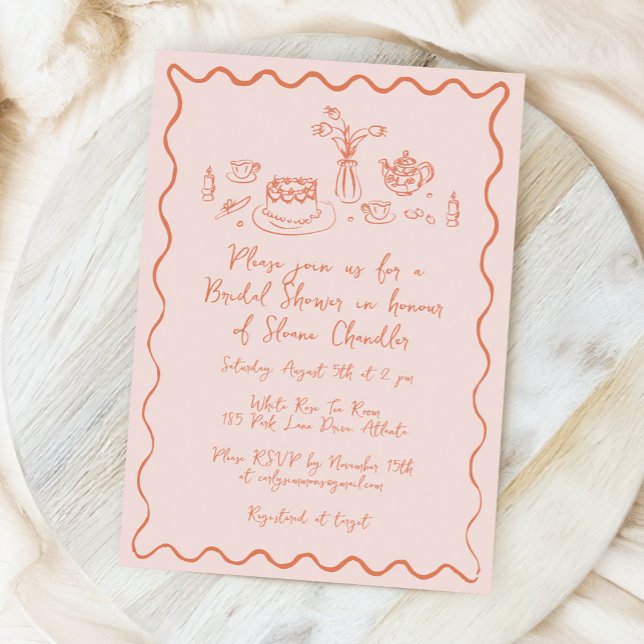 Invitation Nourriture et boissons dessinés à la main pour un  (whimsical food and drink doodles bridal shower invitation in light peach)