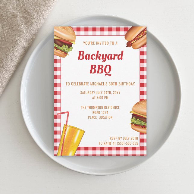 Invitation Nourriture grillée Hamburger Hot Dog BBQ de jardin (Ideal for birthday parties, backyard barbecues, family reunions or picnics, for example.)