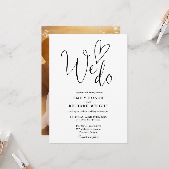 Invitation Nous Aimons Coeur Photo Mariage noir et blanc (Devant/Arrière en situation)