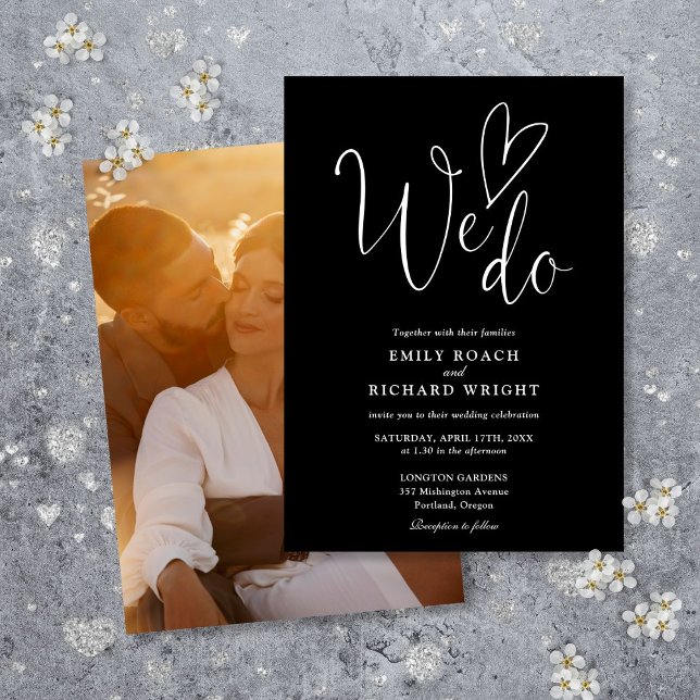 Invitation Nous Aimons Coeur Photo Mariage noir et blanc (We Do Love Heart Photo Black And White Wedding Invitation)
