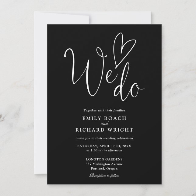 Invitation Nous Aimons Coeur Script Mariage noir et blanc (Devant)