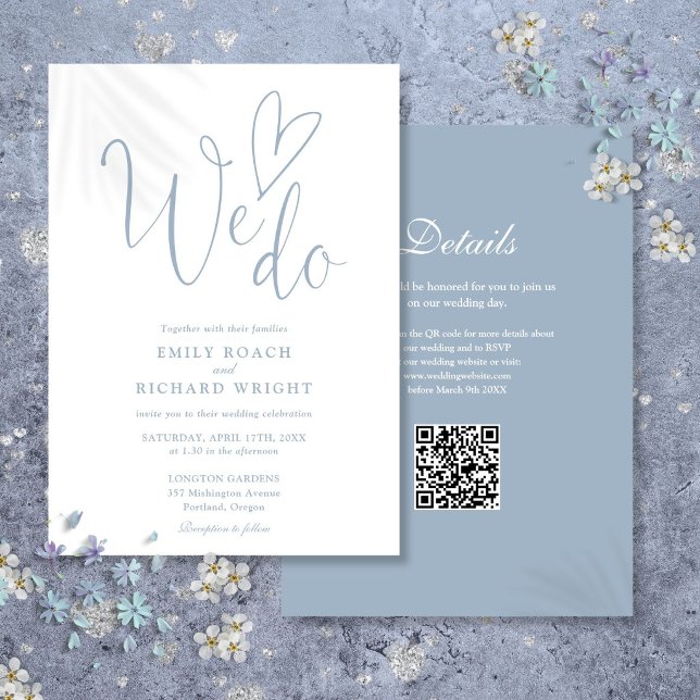 Invitation Nous aimons le code QR de mariage bleu poussiéreux (We Do Love Heart QR Code Dusty Blue Wedding Invitation)