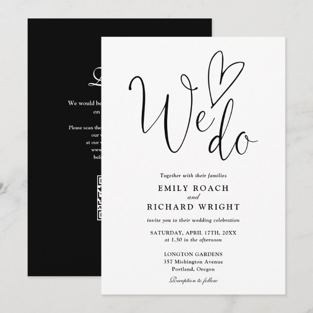Invitation Nous aimons le code QR de mariage noir et blanc (Devant / Derrière)