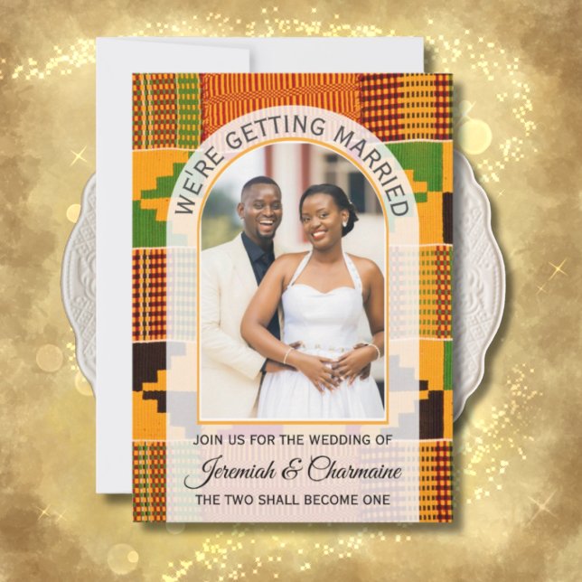 Invitation NOUS ALLONS NOUS MARIER Mariage traditionnel Ghané (Kente wedding invitation with arch photo template and QR code.)