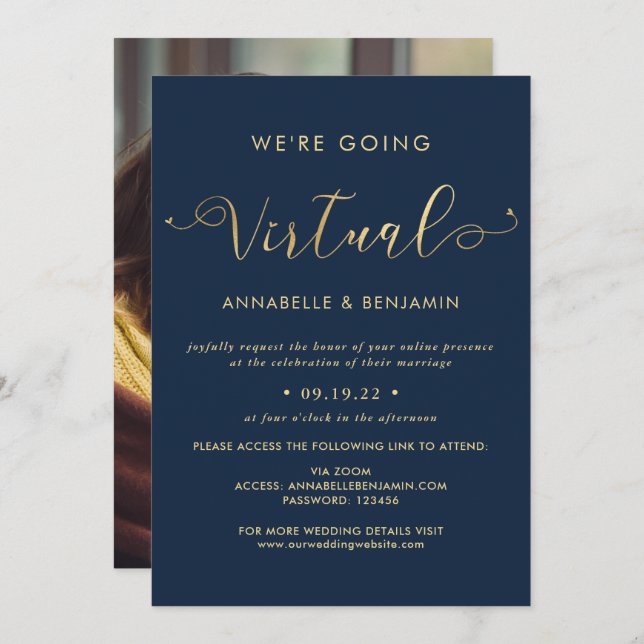 Invitation Nous allons Virtual Navy & Gold Mariage photo (Devant / Derrière)