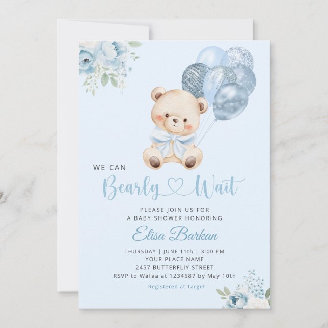 Invitation Nous attendons à peine le ballon bleu Baby Shower  (Devant)