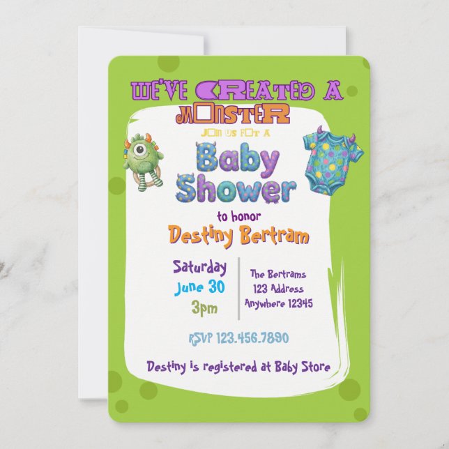 Invitation Nous avons créé une Baby Shower verte monstrueuse (Devant)