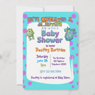 Invitation Nous avons créé une fête de bébé bleu violet monst