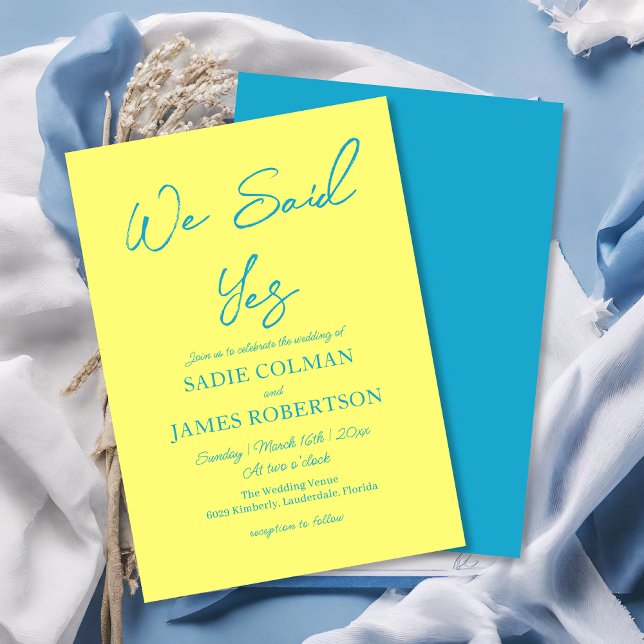 Invitation Nous avons dit oui Mariage bleu moderne et jaune (Créateur téléchargé)