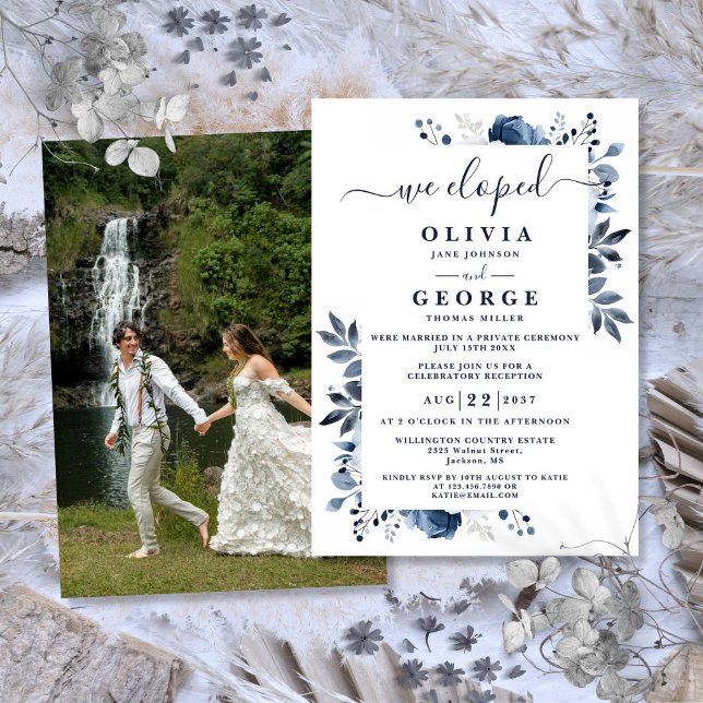 Invitation Nous Avons Elopé Bleu Botanique Floral Elopement P (We Eloped Blue Botanical Floral Elopement Photo Invitation)