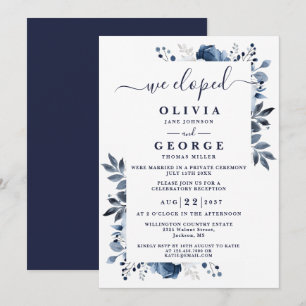 Invitation Nous avons Elopé Bleu Botanique Floral Mariage Elo
