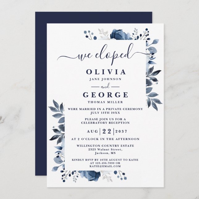 Invitation Nous avons Elopé Bleu Botanique Floral Mariage Elo (Devant / Derrière)