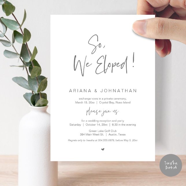 Invitation Nous avons Elopé, Elopement Mariage, en gris foncé (So, We Eloped, Modern Wedding Elopement Dinner Invitation Card, PDF, in Dark Grey)