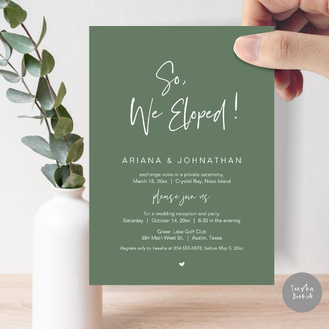 Invitation Nous avons Elopé, Mariage Elopement, à Sage Green (So, We Eloped, Modern Wedding Elopement Dinner Invitation Card, PDF, in Sage Green)