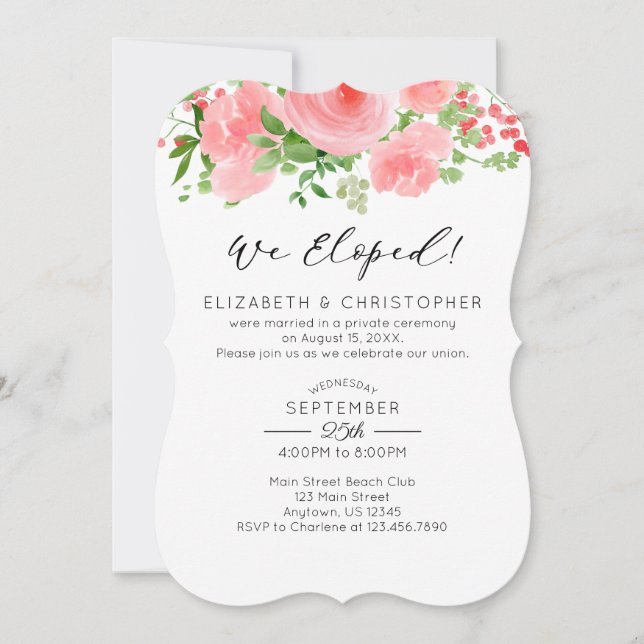 Invitation Nous Avons Elopé Mariage Floral Rose (Devant)